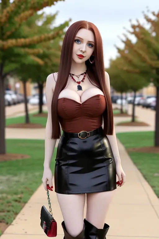 full body, chestnut hair, green eyes, short girl, red miniskirt, black high heel boots, looking at viewer, long hair, pale skin, black necklace, black blouse, 24 years old, giant breasts, cute face, pov, wavy hair, city environment, Oklahoma City