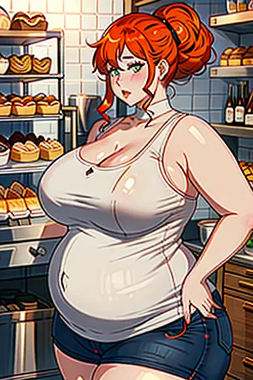 a photo shot of, an ssbbw girl, beer belly, mom bod, huge mom bod, fat mom bod, bloated, fat gut, huge gut, stuffed gut, swollen gut, huge stomach, giant beer belly, blushing, stuffed belly, chubby cheeks, thick neck, fattest girl, huge breasts, large belly, huge belly, fat belly, fat rolls, giant belly, double chin, chubby, huge thighs, fat thighs, giant thighs, massive thighs, thicc thighs, muffintop, huge muffintop, fat muffintop, spare tire, thicc, five fingers per hand, messy hair, orange hair, curly hair, messy bun hairstyle, wide hips, weight gain, feederism, freckles, big nose, big mouth, green eyes, pale skin, mean face, smooth, pixiv, highly detailed, surreal, sharp focus, full body, fat arms, huge arms, extra large hips, huge waist, wide waist, casual clothes, jeans, in a bakery