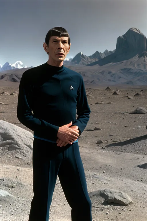 A high resolution medium photo of,Leonard Nimoy, as Mr Spock, on an alien planet, looking at the camera