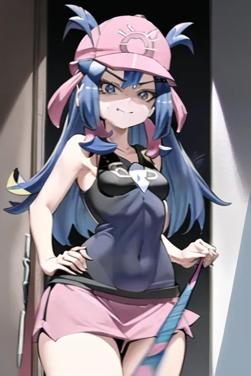 Dawn, Pokemon, Nintendo, dark blue hair, blue eyes, pink short skirt, dark blue tanktop, small breasts, long hair, hat, opening door, looking down, eye contact, wide hips, small waist, front, smirking, viewer on leash, pulling leash, <lora:dpmg_viewer_on_leash:1>, pulling viewer with leash closer, dominant,