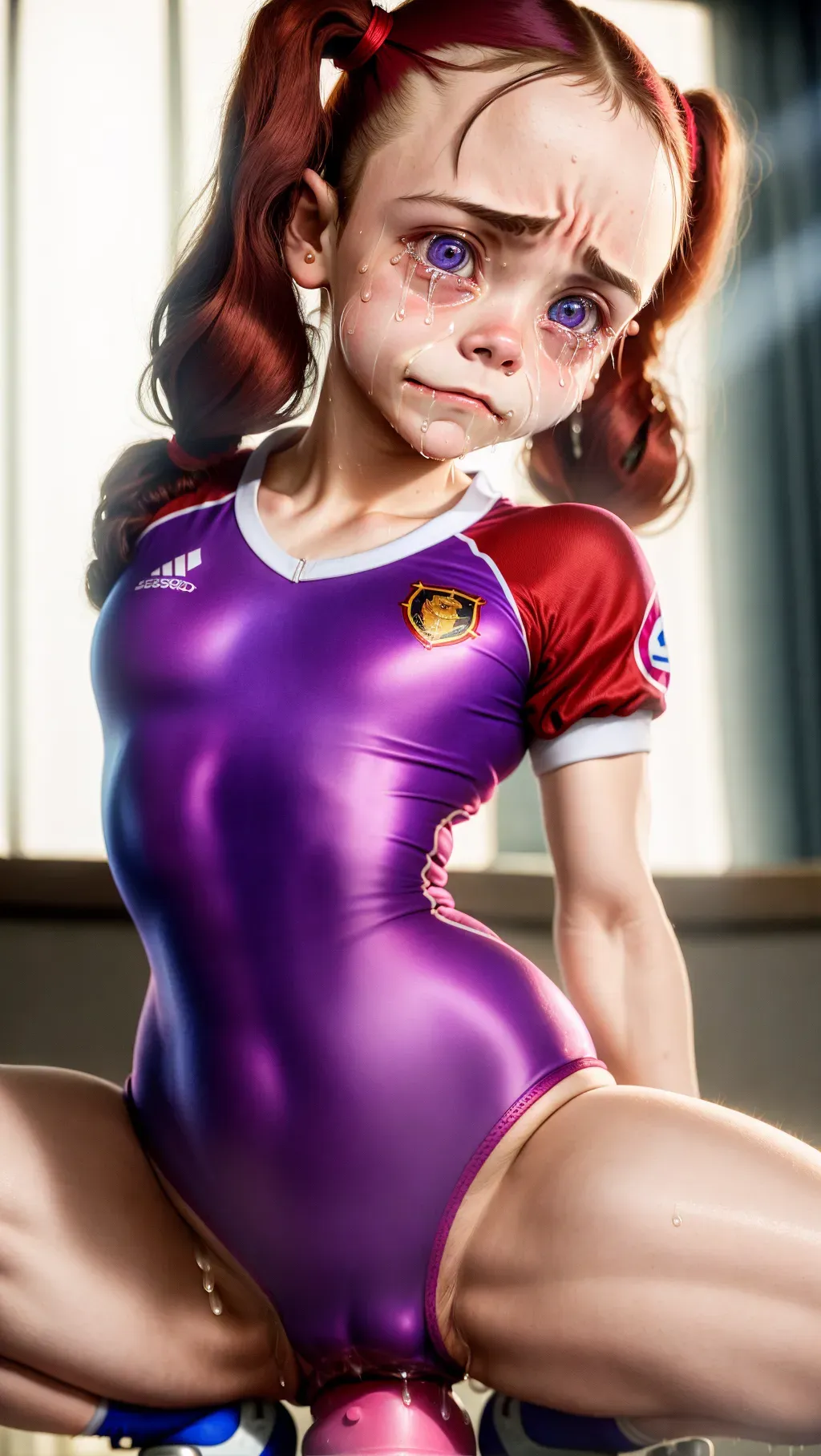Full body in frame, petite 18 year old Christina Ricci, wearing a skintight gymnastics uniform, looking at the camera, ((showing a crying facial expression)), smiling, pigtails, huge dildo in her asshole, dripping pussy,(<lora:dpmg_riding_dildo:1>), sharp focus, dynamic lighting, exquisite detail,