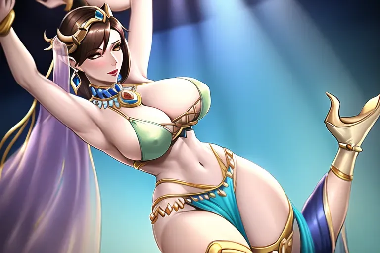 Phara from overwatch dancing for the sultan as his a harem slave dressed as a functionally nude belly dancer with all the cloth sheer and ocean blue, with a sapphire belly button ring, wearing 6 inch high heeled boots and a long loincloth that is teasingly see through and a vale to hide how horny she isvale, with no with hair down to her hips, very narrow waist, hips are very wide from years of dancing and exercise, her skin is pastel cinnamon colored, bangals adorn her clothing, ((large perfect tits)), (((dancing while taking her clothes)))