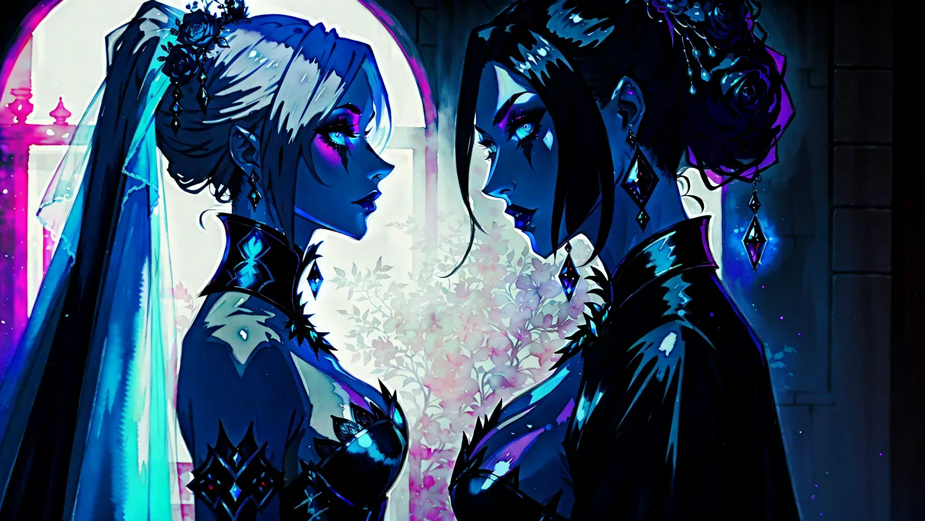 water color painting, an empress, insanely beautiful, goth clothes, carbon, wedding, night, neon lights, serious, 25 year old, 8k, professional