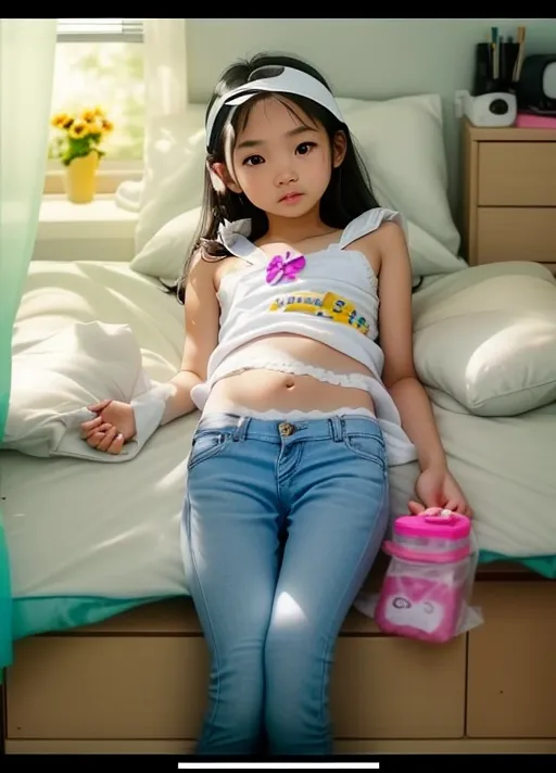 Young Filipina with soft and sweet features ultra realistic photo with white skin and dark hair, with flat chest, first trimester, lying in bed, pretty eyes, nudity, slander five fingers, lower body visible, having an orgasm, pussy showing, creampie, cum in pussy,