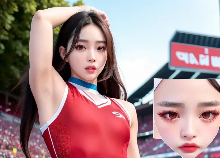 a highly detailed photo of, dpmg_asian_aesthetic_v1, best quality, ultra-hd, 8k resolution, 18 years old, light skin, beautiful face, perfect body, big rounded eyes, beautiful red lips, inocent face, highly detailed face, curved eyebrows, inocent face, correct anatomy, 8k, insanely beautiful, ultrarealistic, five fingers per hand, non nunde,((detailed hair features)),((detailed facial features)),((detailed body features)),((detailed arms features)),(textured skin),((beautiful lips)),((highly detailed)),((8k resolution photo shot)), big wild shot, full body, cheerleader, small waist, outfit, standing in a crownded football stadium, pigtails, cameltoe, camel toe, sexy pose, lesbian kiss
