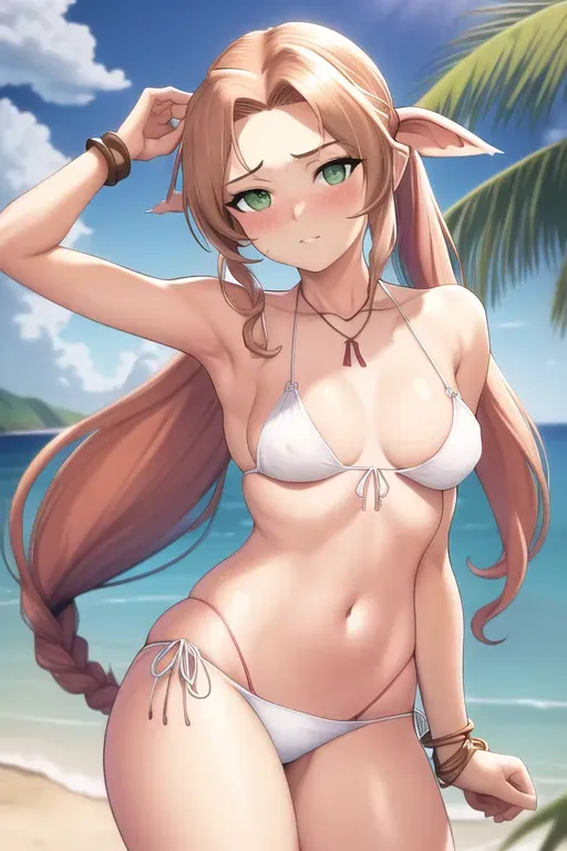 best quality, 1girl, (white bikini), small breasts, green eyes, curious, (arm covering chest, covering breasts), blush, arm support, standing, beach, mature female, looking at viewer, dpmg_ff7_aerith_v1