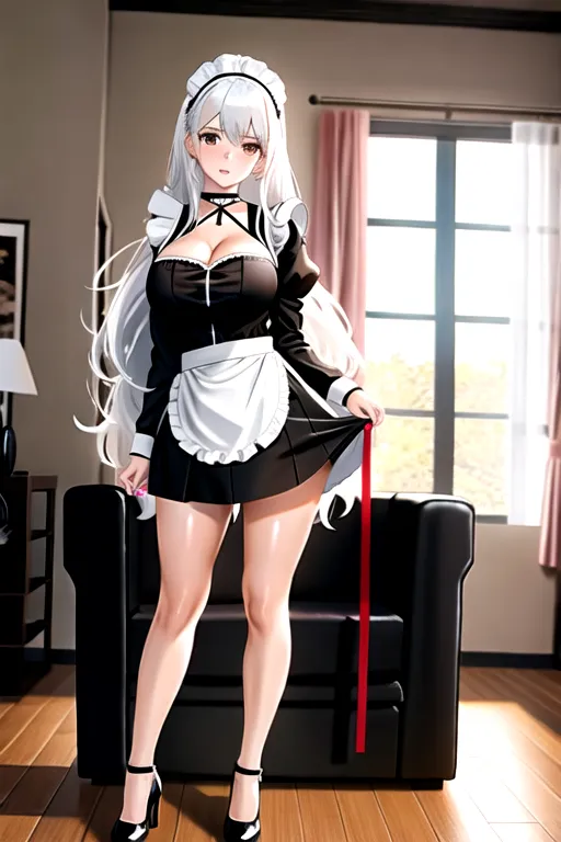 white hair, brown eyes, giant breasts, black maid uniform, miniskirt, choker, long hair, high heels, in living room, slim body, looking at viewer, 1 girl, cleavage, 4k