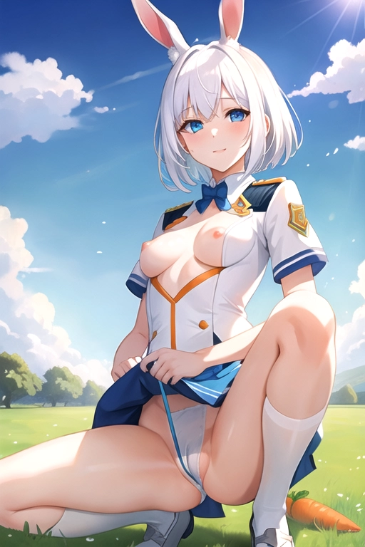 1 female, alone, white hair, short hair, blue eyes, slim body, small breasts, white uniform with blue accents, completely nude, in green fields, empty fields, sunny fields, bunny ears, sitting, showing crotch area, showing pussy, using a dildo, dildo looks like a carrot, masturbating, inserting carrot in pussy, gabbing carrot, orange carrot