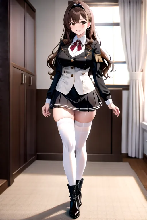thigh high socks, miniskirt, brown maid uniform, brown hair, choker, brown eyes, pale skin, giant breasts, boots, cleavage, high heels, looking at viewer, walking across room, living room, 1girl, smiling, wavy hair, 8K, Full body photo