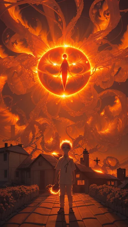 ((the sky is on fire from the sun erupting with solar flares shaped like tendrils)),
(The village beneath is on fire),
(A boy wearing white stares up at the eye in the sky),