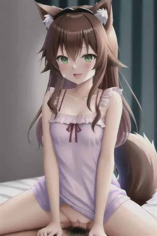 high quality, detailed, anime boy and anime girl, adventurers, brown hair, green eyes, wolf ears on head, fluffy ears, fluffy tail, cute, both boy and girl are on the bed, lewd, girl has a night gown with exposed pussy, boys penis is in her pussy, lewd face, boy and girl fucking, vampire fangs, girl is straddling on top of boy, wet, sweat, boy is laying down being straddled by girl, girls panties are hanging off of her right leg, tongue out with drool dripping, girls eyes looking up, mind break