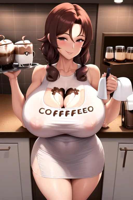 multiple milfs, ((enormous boobs)), tight tanktop with coffee written on it, large aerola, erect nipples, covered in cum, smiling, short haolir, in the kitchen, (((holding a coffee cup)))
