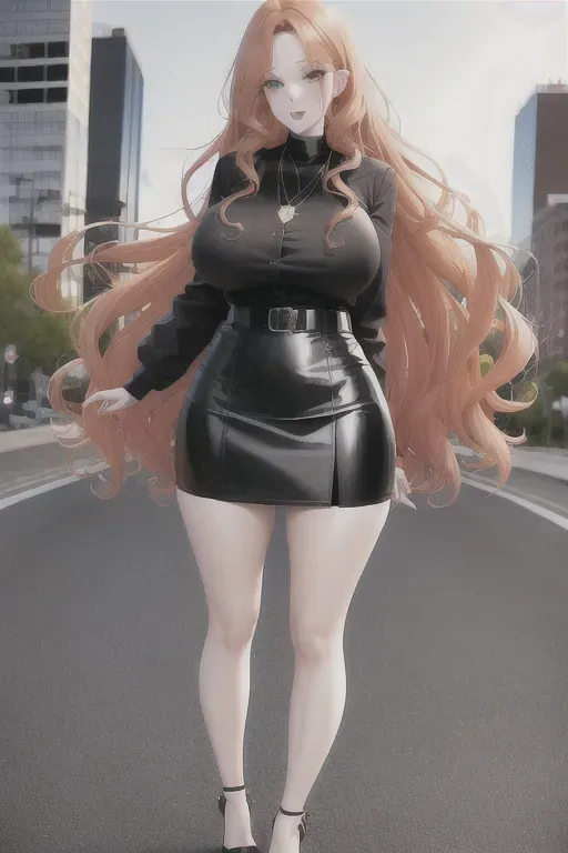 full body, strawberry blonde hair, hazel eyes, short girl, black miniskirt, black high heels, looking at viewer, long hair, pale skin, black necklace, white shirt, 24 years old, giant breasts, cute face, pov, wavy hair, city environment, Oklahoma City, wide eyes, erotic, skirt tug
