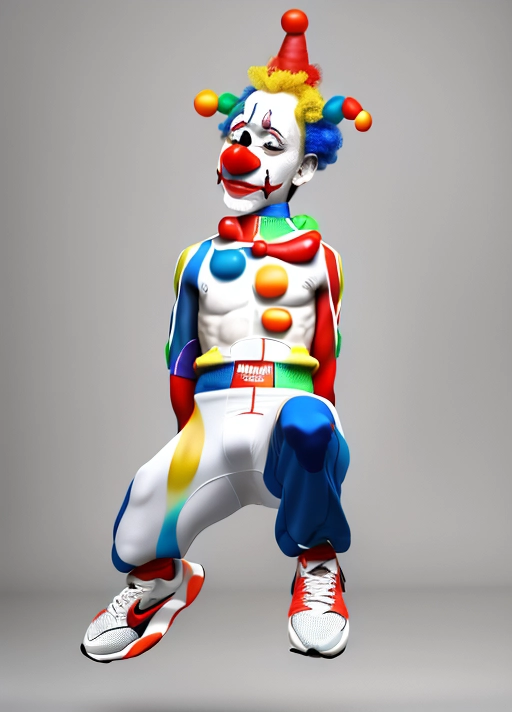 a photo realistic dancing clown ,his face is realistic,the face is anatomically correct ,his hands behind his back ,he is wearing nike running shoes ,his face is a natural skin tone ,he is not wearing white makeup