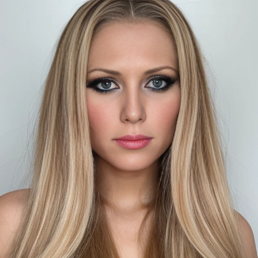 a beautiful young (teenage) girl with long blonde hair, (largest huge eyes:1.2), realistic, masterpiece, long eyelashes, mascara, lipstick, tanned