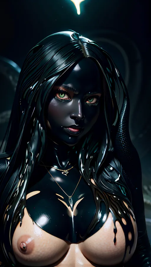 best quality, (((ultra high res))), (detailed face and eyes), female symbiote transformation, (((symbiote goo everywhere))), (black goo), symbiote girl, glowing, snake coiling, snake, huge tits, heart nipple patches, necklace