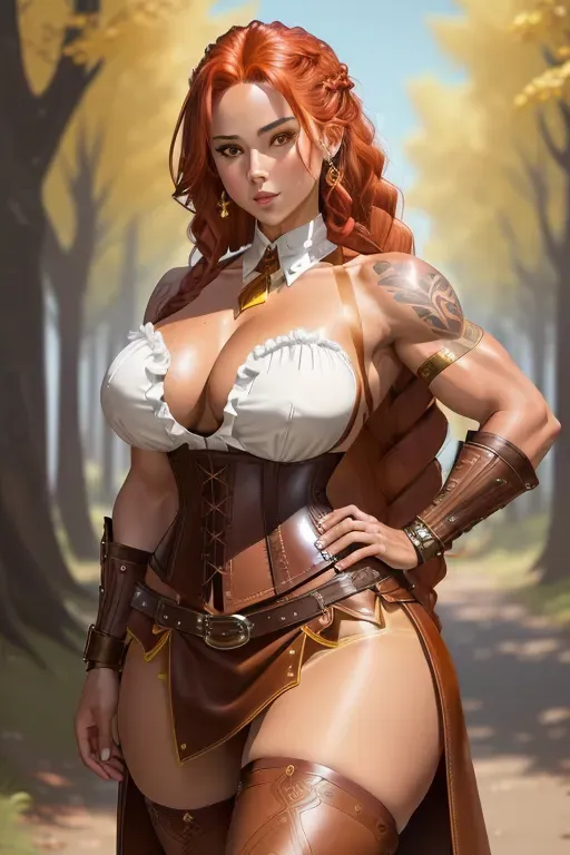 ((Tan skin), fantasy warrior woman, ((brown leather stockings)), frilled white shirt, corset, brown leather boots, long skirt, jewelry, long wild red hair, braid, yellow eyes, large breasts, wide hips, muscular body, large muscular arms and legs, beautiful, large body, tattoos, beautiful face, ((high res)), ((4K)),