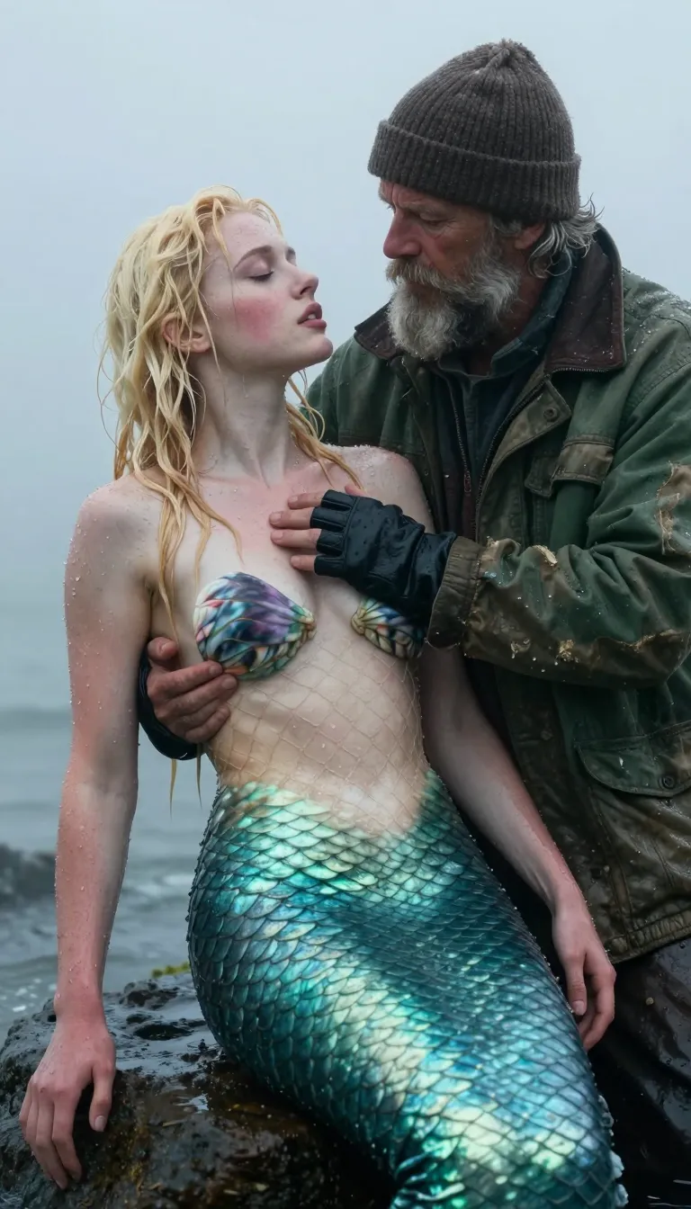 This photograph captures a dramatic, wet, and cold scene featuring a bearded older man in a green, weathered jacket and brown beanie, gripping a wet, fair-skinned, blonde-haired mermaid woman with closed eyes and a flushed expression. The mermaid has a fishnet-like scale pattern over her chest, with visible scales on her arms and lower body, and her wet hair cascades down her back. The man's gloved hand is on her chest, while his other hand holds her waist. The background is misty and foggy, suggesting a cold, maritime environment. The image has a realistic, cinematic style, with detailed textures and a moody, atmospheric color palette. .