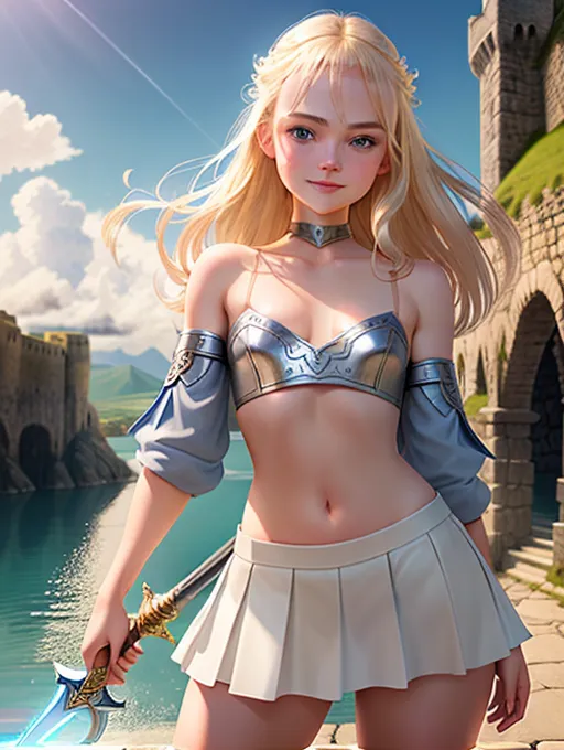 aurora as an RPG warrior girl, face of elle fanning, blonde hair, wide blue eyes, soft cheeks, full lips, happy smile, curvy, small breasts, thin waist, public hair, pussy, aroused, high definition, excellent lighting, 4k quality, looking horny, submissive, sassy, flirty, smiling, blushing, full body, wet pussy, correct eyes, wearing a cute rpg game outfit, skirt, adventurous, cute, castle dueling arena setting, blushing, correct sword, flirting, breasts exposed