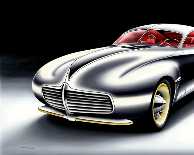 A rendering in airbrush, marker, and colored pencil, of a sleek sedan concept car styled after cars of the 1940's