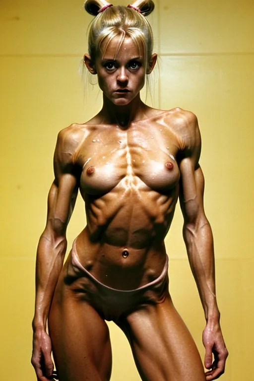 A very fit and skinny 18 year old naked Linnea Quigley, look of pain on her face, pushing her abs out, very low body fat, extremely lean body, perfect body, showing her vagina, standing in a hot and crowded restaurant, fully nude, fully tanned, hair bun, spreading her legs, perfectly shaped breast