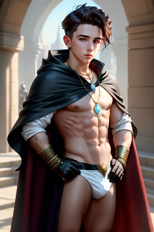High Fantasy, Brooklyn Beckham, necklace, white speedos, handsome face, shy, gloves, cloak, standing, fit, highly detailed, correct human anatomy, looking at viewer, front, closeup,