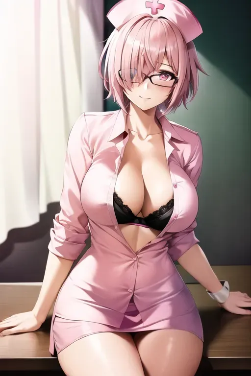 1girl, (mash kyrielight), pink hair, short hair, pink eyes, one eye covered by hair, glasses, large breasts, (pink nurse uniform), pink nurse cap, miniskirt, classroom, sitting at desk, open shirt, unbuttoned shirt, black bra