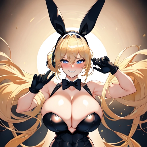 one female, long gloves, blonde, blushing, soft makeup, large firm breasts, enormous boobs, ((full tits)), (blonde:0.8), (blond:0.8), two ponytails, black bunny suit, silk bunny suit, bunny ears hairband, revealing cleavage, deep cleavage, bare shoulders, bare chest, bowtie, choker, dark background, facing camera, looking into camera, human ears, two ponytails, large eyes, bright blue eyes, round eyes, big smile, mischievous grin, accurate details faces, accurate arms, accurate hands, five fingers per hand