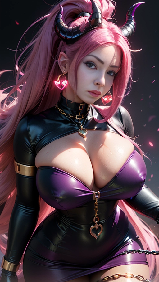 best quality, (((ultra high res))), (((detailed face and eyes))), (perfect face), big shining heart choker, earrings, jewelry, (((big glowing succubus mark))), ((((big glowing succubus bodymark)))), (((conjuring))), (witch), ((long voluminous hair)), (((black gloves))), ((pink hair)), straight hair, (((golden bracelet))), ((single ponytail)), (((huge hair cuff))), ((skintight neckholder dress with low neckline)), ((face closeup)), purple, (burgundy red lipstick), (((neckholder top with low neckline))), (((chained))), ((( very thick demon tail))), ((long sleeves)), ((purple glowing heart))