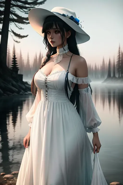 a mysterious woman dressed in a white long dress is hung over a body of water, in the style of zombiecore, soft watercolours, dark gray and blue, mallgoth, wandering eye, ghostcore, haunting images, horror