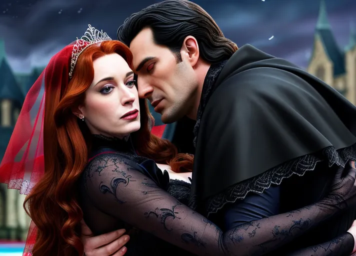 low angle set against the dark nighttime sky, Strong distinguished debonair black hared Dracula dressed in black and red prepares to claim sweet beautiful auburn haired sapphire eyed hypnotized Queen Anna of Arendelle portrayed by Christina Hendricks in a black wedding gown and lace veil over her face taking her in his arms her neck arched in anticipation as his new vampire bride. photorealistic.