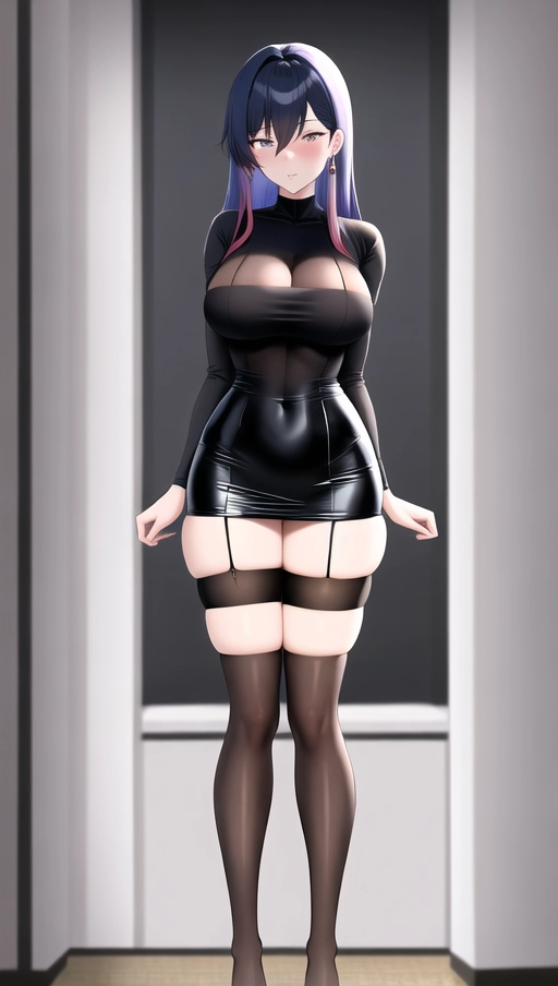 illustration, 20 year old, an anime girl, fit, stockings, black, house party, day time, indoor lights, surprised, 8k, professional, hot, whole body