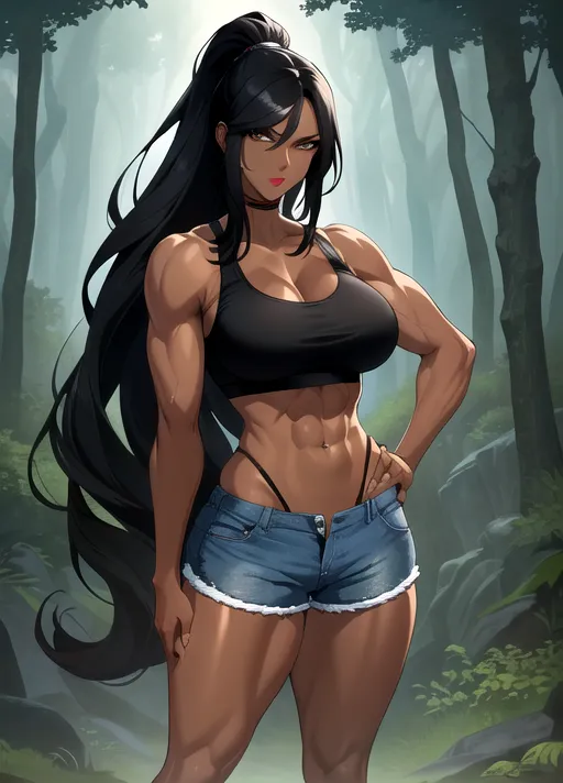 (masterpiece), absurdres, smooth, soft lines, soft edges, perfect edges, (soft lighting), (soft glow), perfect anatomy, detailed background, hair with great details, perfect eyes, perfect face, (looking at viewer), 1girl, sexy milf, forest room background, full body view,
((beautiful woman with long black hair)), flowing hair, lip gloss, full body view, lipstick, long eyelashes, standing hand on hip, serious, tall, slim, sports bra, ponytail, jean shorts,
(Black hair), brown eyes, (((very dark skin))), ((flushed cheeks)), thick thighs, erotic, ((medium breasts)), sensual, short hair, ((large muscular arms)), chubby belly,