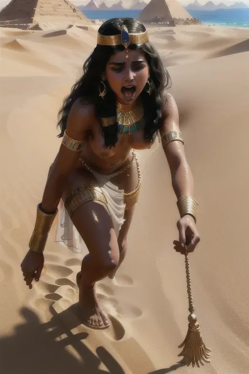 an 8k rendering of an Egyptian teen royal being dragged naked through the sand, arms tied above head, warm lighting, (highly detailed), (detailed face), full body view, nude, (fully undressed), ((naked)), screaming and crying for help, tears, dirty, whip marks,