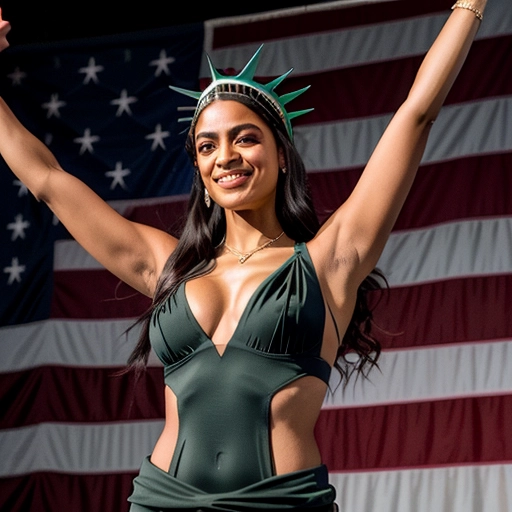 (Alexandria Ocasio-Cortez) ((AOC)) dressed up as sexy Lady Liberty, (extreme cleavage) photorealistic, best quality, ultra high resolution, lascivious smile , 64k, zoomed out, accurate face, (view full-body) playful smile, (dancing on stage) (shredded) <lora:bombshell_v2:.5>,