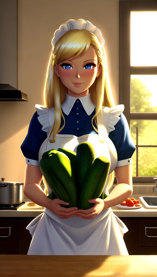 Backlighting, realistic, masterpiece, highest Quality, ultra high Quality, 8k, Barbie, erotic, White apron, friendly facial expression, cute face, soft face, Smile, Long length blonde Hair, Blue eyes color, light tanned skin color, Big Boobs, Windows, Kitchen, making Dinner, Cuts vegetables, Daylight, side camera ankel