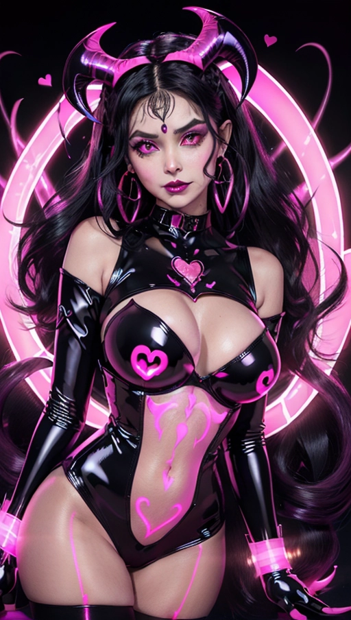 best quality, (((ultra high res))), (((detailed face and eyes))), (perfect face), (big shining heart choker), earrings, jewelry, (((big glowing succubus mark))), ((((big glowing succubus bodymark)))), (((conjuring))), (witch), ((long voluminous hair)), (((black latex gloves))), ((black hair)), (((golden bracelet))), (((huge hair cuff))), (((pink skintight neckholder dress))), (((pink glowing dress))), ((face closeup)), (lipstick), (((neckholder))), ((((demon tail)))), ((black long sleeves)), ((purple glowing heart)), (((big cameltoe))), (((demon mark))), heart on womb, (((((bright pink glowing skin tone))))), (((straight black hair))), ((pink glowing clothes)), ((huge boobs)), ((luminescent))