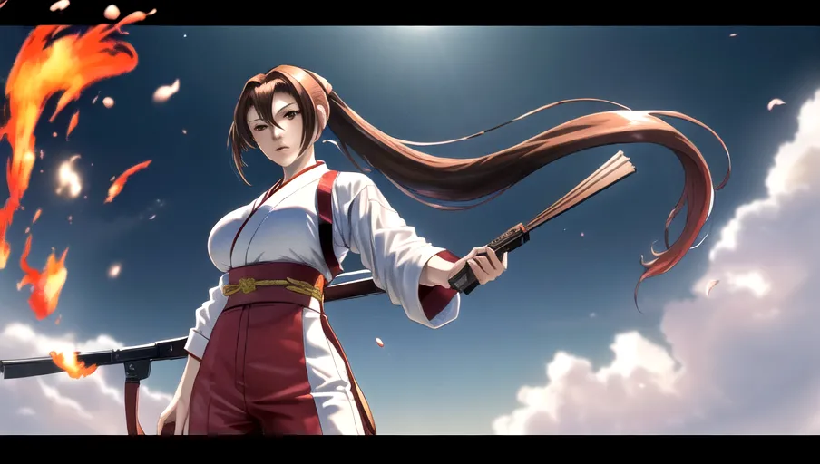 ultra high resolution promotional digital photo of 1woman, ((Shiranui Mai from King of Fighters standing and facing the right side of frame)), long brown hair, single pony tail, bangs, white hairpiece, tight black and red three piece suit, DD breasts, holding a closed red and white folding fan with fire on edge of fan in right hand, holding semi automatic pistol in left hand
