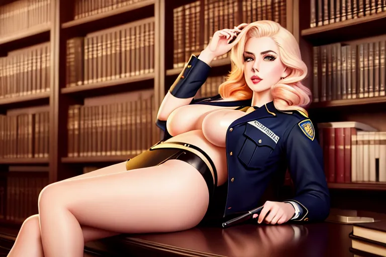 a color pencil draw of,a crazy girl,wearing police clothes,kneeing,at the library,big breasts,five slender fingers,fishtail hair,charming face,beautiful lips,curved eyebrows,curved eyelid,pale skin,cosy,wearing golden ring,cinematic lighting,editorial,professional,bokeh,8k
