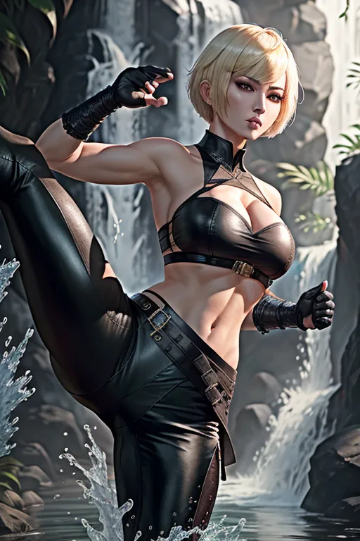 black desert online, fantasy human female martial artist, blonde short bob cut hair, black pants with straps, exposed stomach, black trousers with straps, dark red blouse, martial artist gloves, beautiful mature face, gray eyes, slightly tanned skin, vibrant color, colorful, strong colors, martial arts pose, water magic, controlling water, water dragon, martial arts stance, waterfall background, fighting stance, combat, one leg in the air, kicking