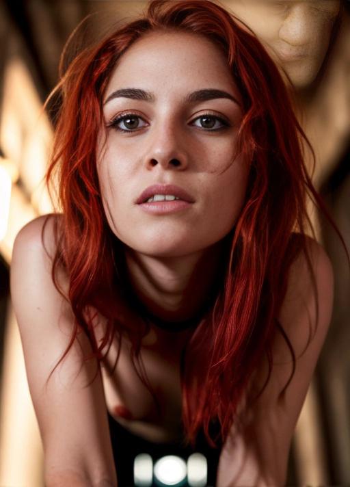 green eyes, red hair, an accurate photo looking at a beautiful slutty, red messy hair, tight small nipples, gorgeous Ariana Greenblatt, ((ahegeo face)), (((eyes crossed))), detailed eyes, hypnotized, ((goon face)), mouth open in shock, desperate pleading eyes, topless, kneeling down in a dark alley, hands tied behind her back, looking directly up into the camera, dark moody lighting, cinematic lighting, extreme close up on eyes, ((full color photo))