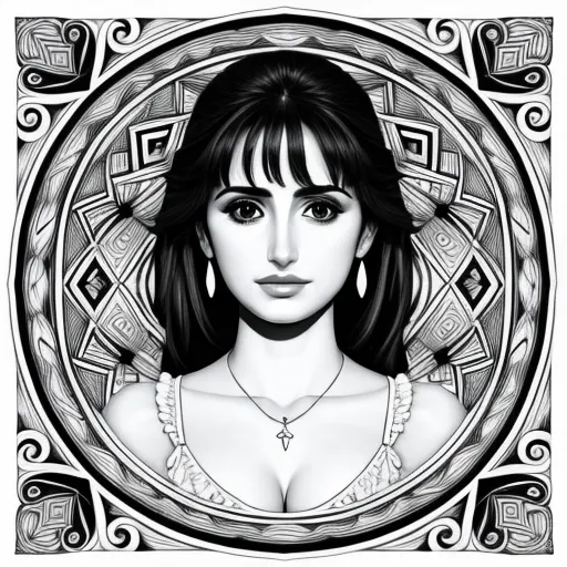 Line art drawing, Penelope Cruz, artist M C Escher