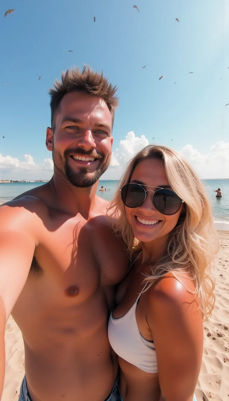 A selfie of an unattractive mid 40s couple at the beach. The man is muscular and has very short brown hair and a goatee beard, while the woman is a blonde milf and wearing sunglasses. The background features Lake Mitchell, Visalia, on a summer day
