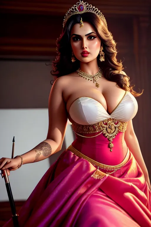 a oil painting of,huma qureshi,wearing princess dress,shooting from a high point,at the office,amazing breasts,five slender fingers,gorgeous face,beautiful lips,curved eyebrows,curved eyelid,smooth skin,tattoo,studio lighting,sharp focus,artstation,pixiv,surreal