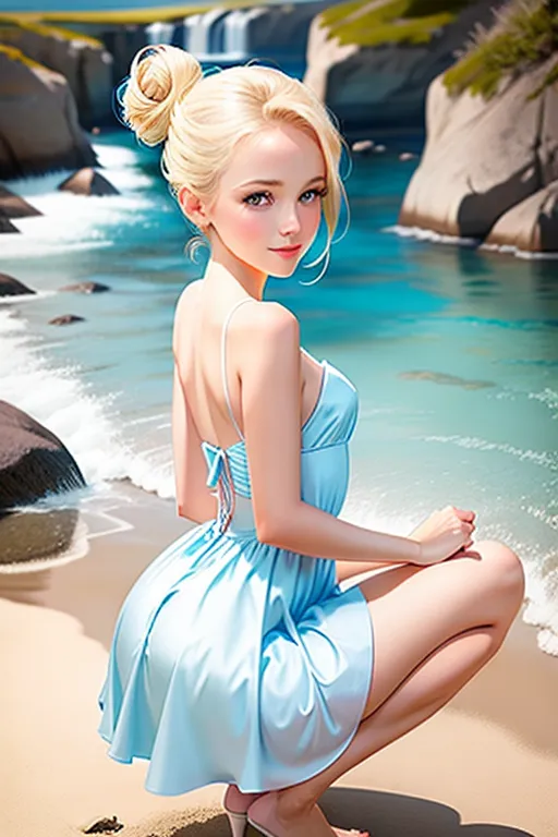 Disney princess, slender,skinny, blonde hair up in a bun, sexy blue eyes, soft cheeks, full lips, happy smile, curvy, small breasts, thin waist, full ass, half naked, pink dress, wind blowing dress, fucking, pussy, aroused, pink butt plug, cum dripping, squatting,facing the camera, looking at the camera