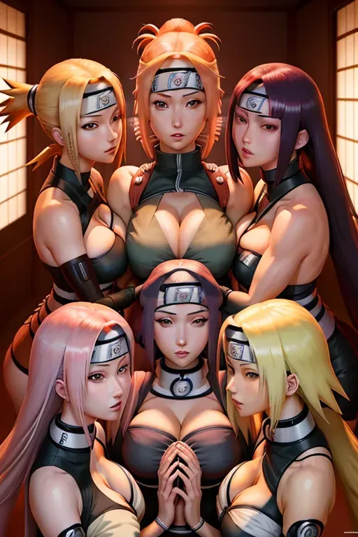 ino yamanaka, sakura haruno, hinata hyuuga, hokage tsunade, 4girl, gorgeous breasts, showing pussy, enjoying each others body, touching bodies, kissing intensely, (((four different girls from the naruto series)))