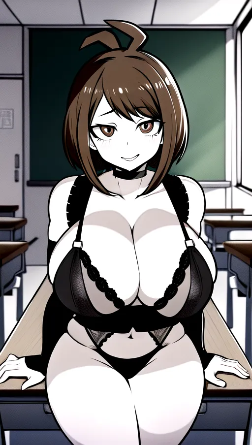 In the art style of my hero academia, a black and white photo, 1girl, Ochaco Uraraka, short, sexy, gigantic saggy breasts, huge breasts, cleavage, short brown hair, brown eyes, classroom, black lingerie, <lora:manga_lineart:1>