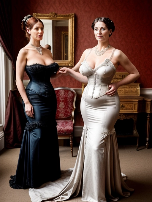 An elegant naked Victorian daughter, natural saggy breasts, stands proudly naked beside her elegantly dressed Victorian mother wearing a Victorian dress in the posh sitting area of a Victorian mansion