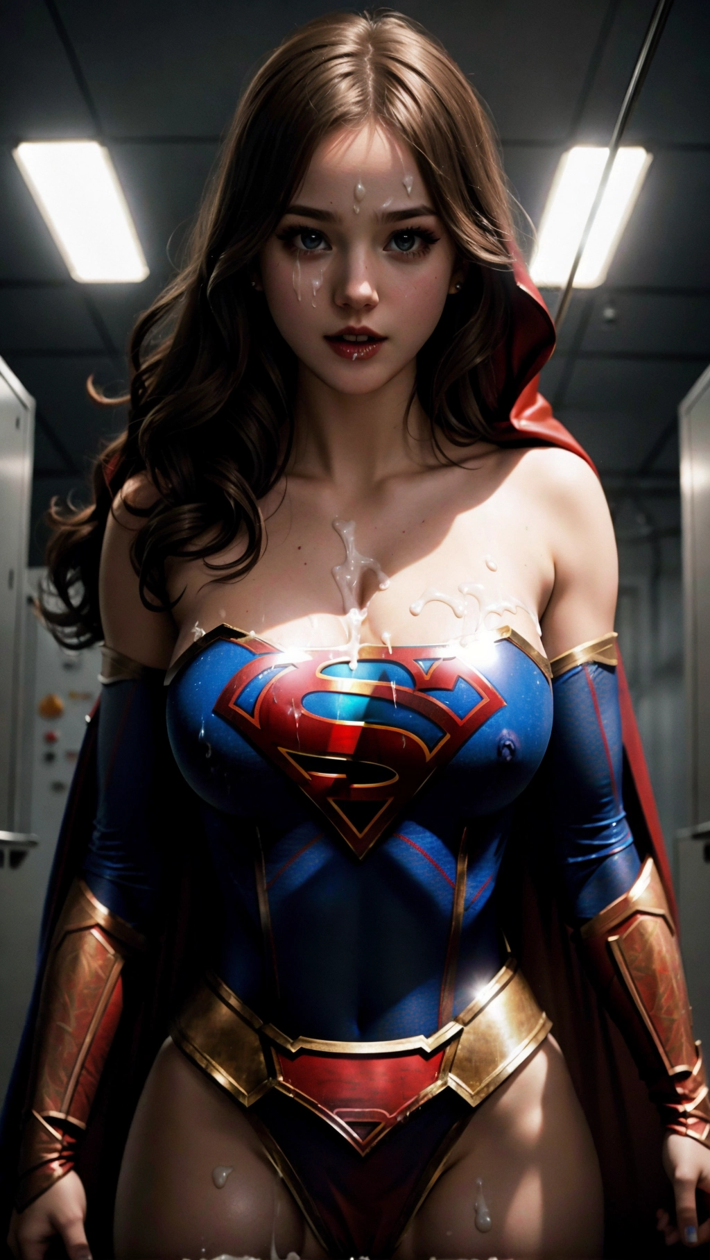 Defeated slutty (Supergirl)) woman, wearing a torn costume, erect nipples, large teardrop breasts, (experimented:1.4) on in a creepy laboratory, (presenting her visible vagina, dim spores illuminating the scene, her naked large breasts and body visible through the costume, detailed, accurate face, delicate feminine facial features, 8k, ultrarealistic, (cum:1.4),
