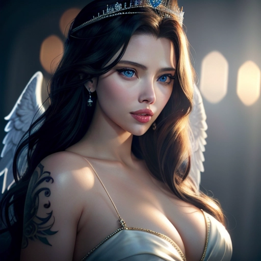 a 8k high detail photo full portrait shot, Scarlett Johanson, five slender fingers ,silky hair, Handsome face ,beautiful lips, blue eyes,curved eyebrows,curved eyelid,pale skin,satisfaction,tattoo,ultra realistic,smooth,8k,studio lighting,surreal, Angel Wings, Angelic Lighting, Love, Hope, Magic casting, Crown, Smiling, Queen, happy,